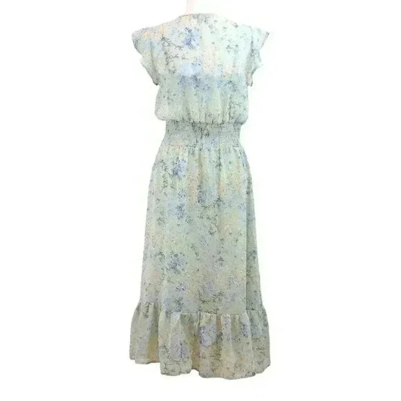 Gypsies & Moondust Green Floral Midi Dress Elastic Waist Cap Sleeve Size Medium - Picture 6 of 7